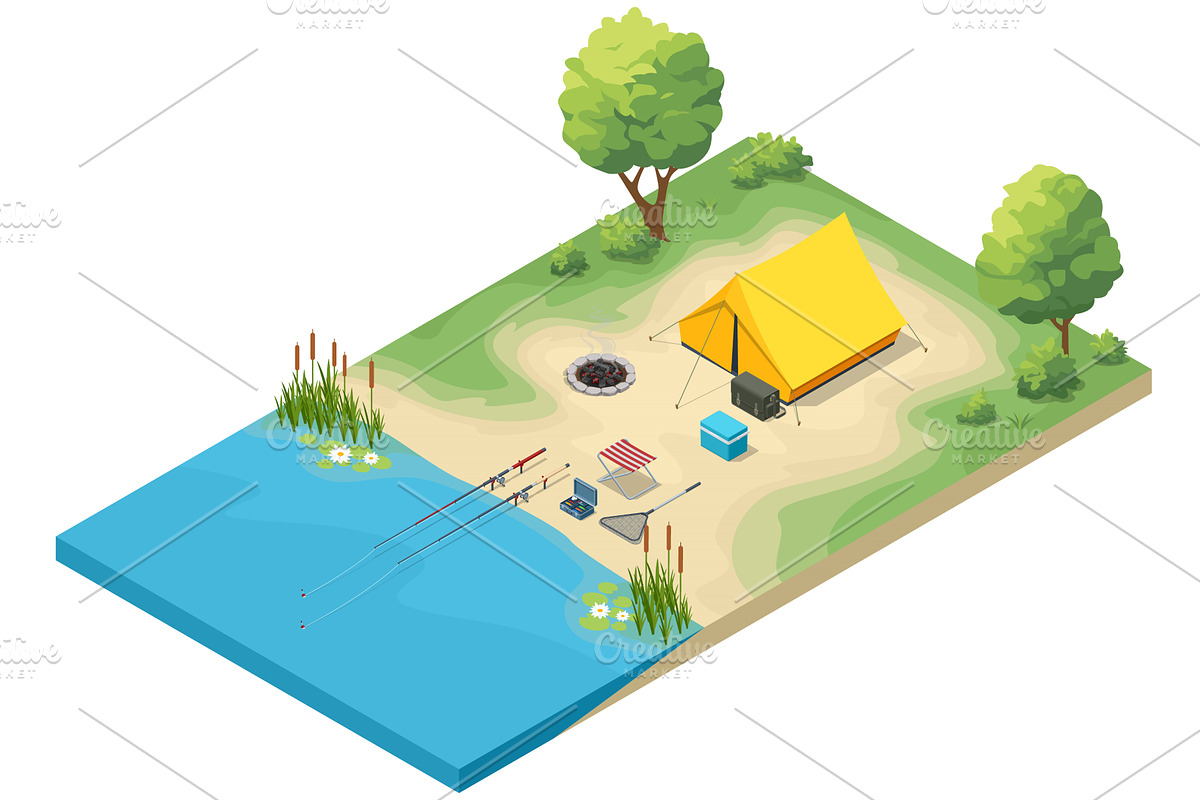 Isometric fishing and camping scene, an Illustration by Golden Sikorka
