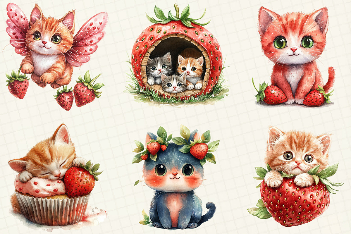 Strawberry Cat Sublimation Clipart, an Illustration by OK Design (Photo 5 of 5)