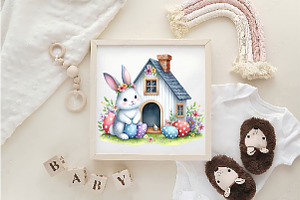 Watercolor Easter Bunny House PNG