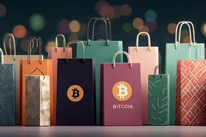 Colorful shopping bags with Bitcoin logo for retail and cryptocurrency commerce, a Photo by AS photostudio