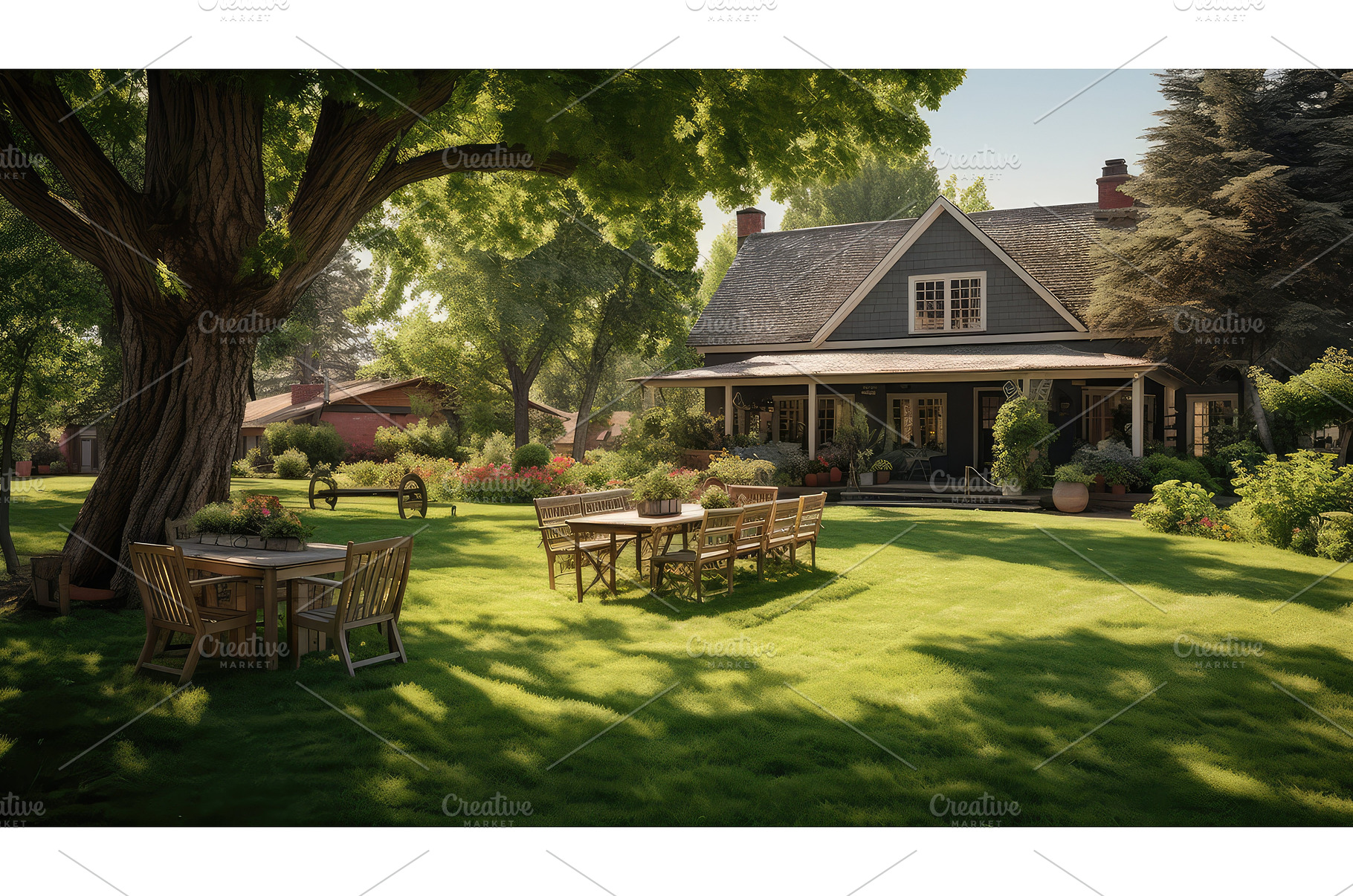 rustic house and lawn ai generated, a Nature Photo by pikepicture