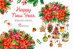 Happy New Year.Watercolor collection