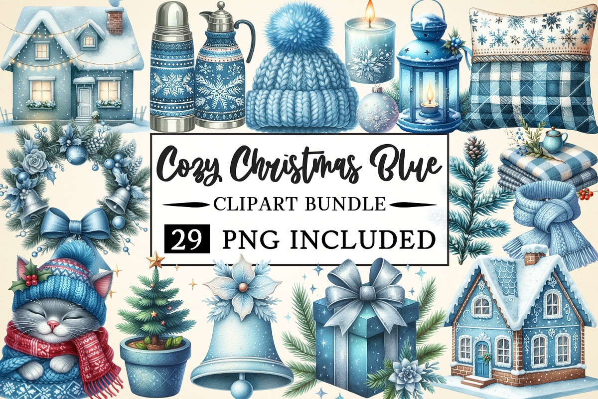 Cozy Christmas Blue Clipart, a Seasonal Illustration by Daily.Designs