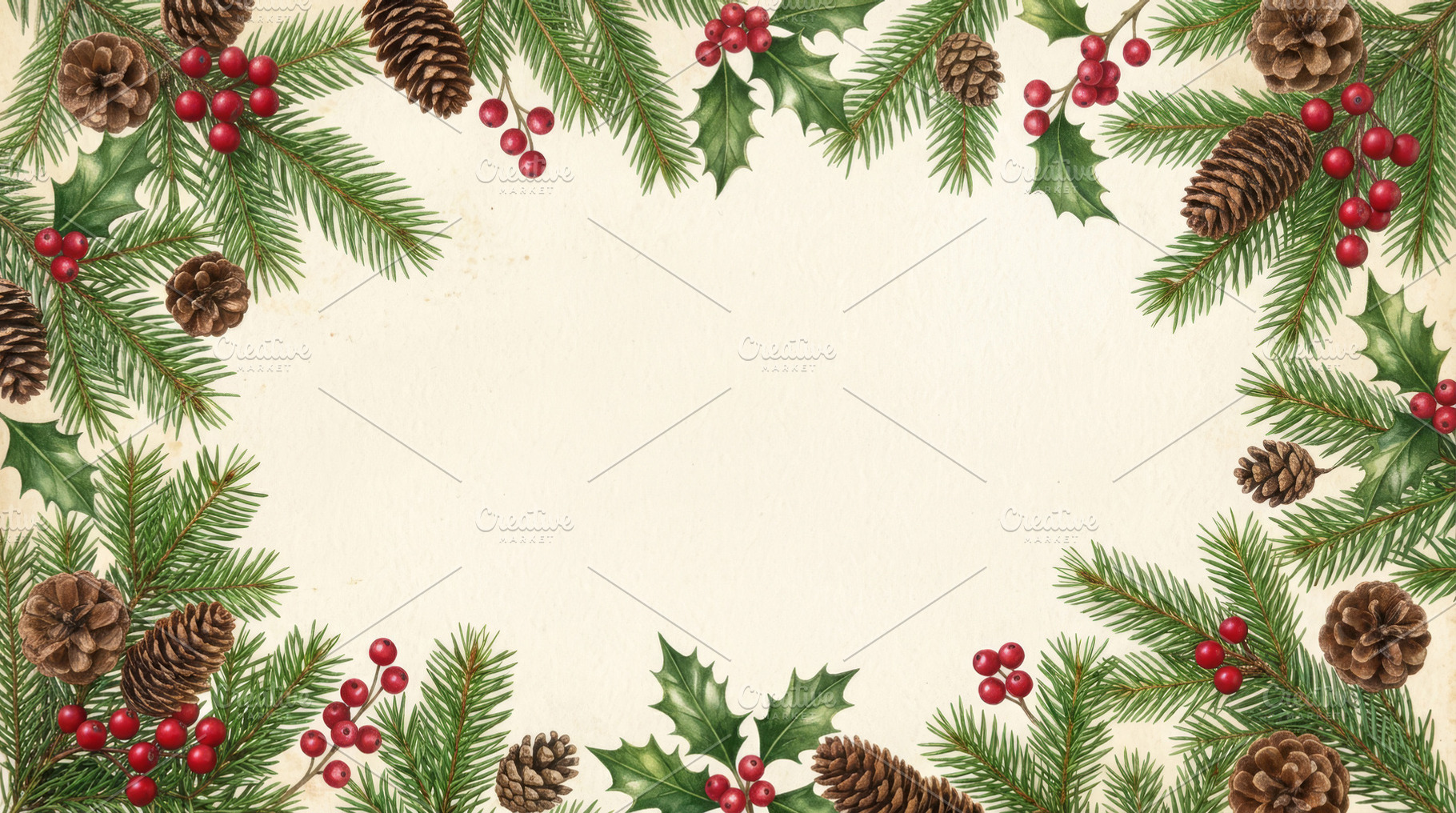 Christmas frame composed of pine branches, pine cones, red berri, a Holiday Photo by Imaginarium