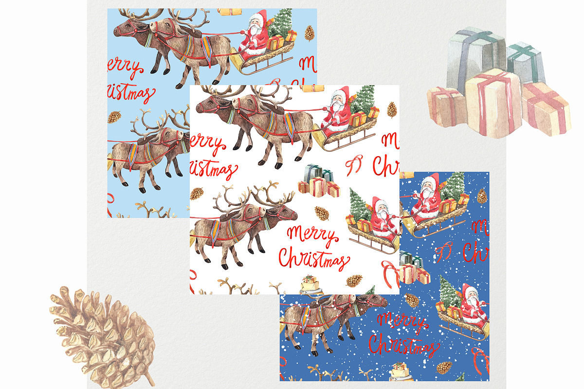Watercolor Christmas patterns, a Transportation Illustration by JennyColorArt (Photo 2 of 5)