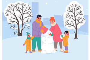 Happy family on winter walk. Parents, an Illustration by YummyBuum