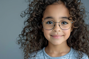 Cute little girl in eyeglasses with curly hair on grey background, a Person Photo by AlyaAnd