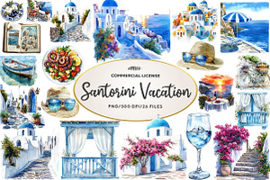Summer Santorini Vacation Clipart, an Illustration by CreationArt