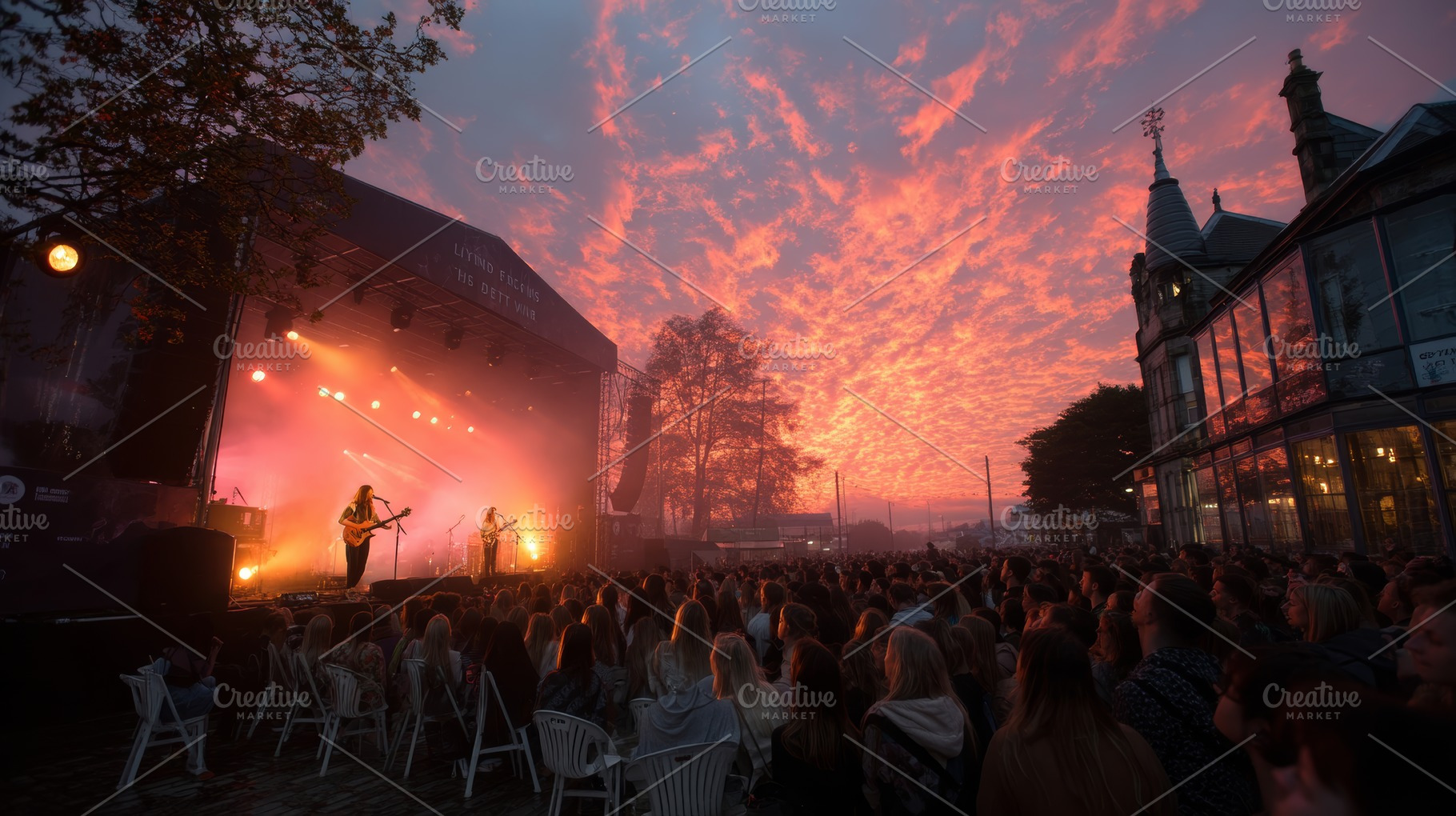 Live music festival concert at sunset with a large crowd watching a band perfor, a Photo by AS photostudio