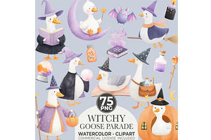 Witchy Goose Halloween Clipart Set, an Illustration by CharmClipart