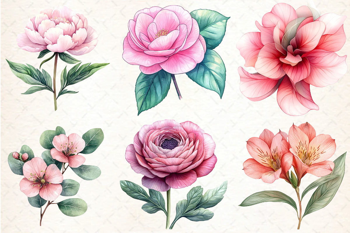 Sage Green Pink Flowers Clipart, an Illustration by DreamCafeArt (Photo 2 of 7)