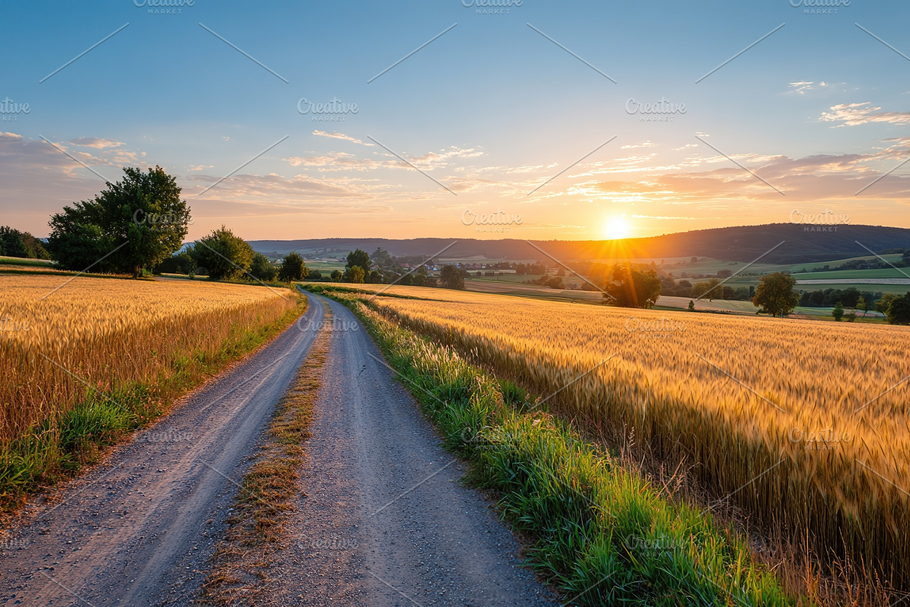 Scenic countryside road winding through golden fields at sunset in a tranquil r, a Nature Photo by AlyaAnd
