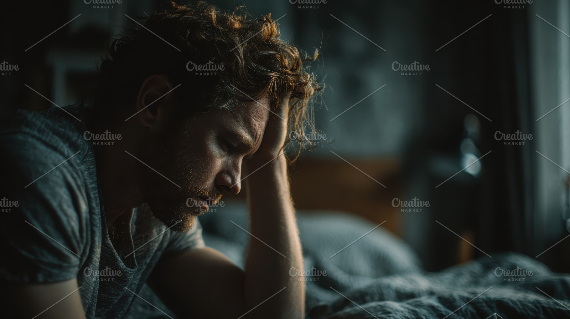 Man sitting on bed deeply troubled c, a Photo by Pixeness Studio