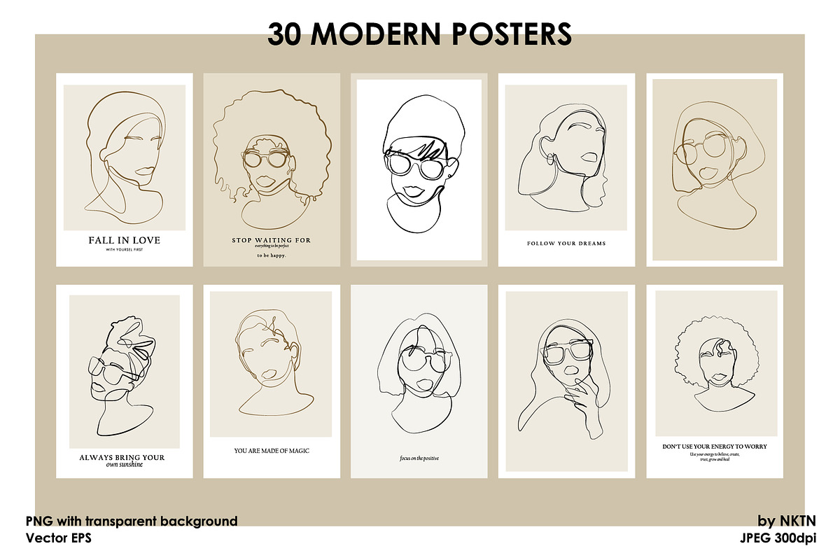 Modern Posters. Women line portraits, a Decorative Illustration by NKTN (Photo 6 of 9)