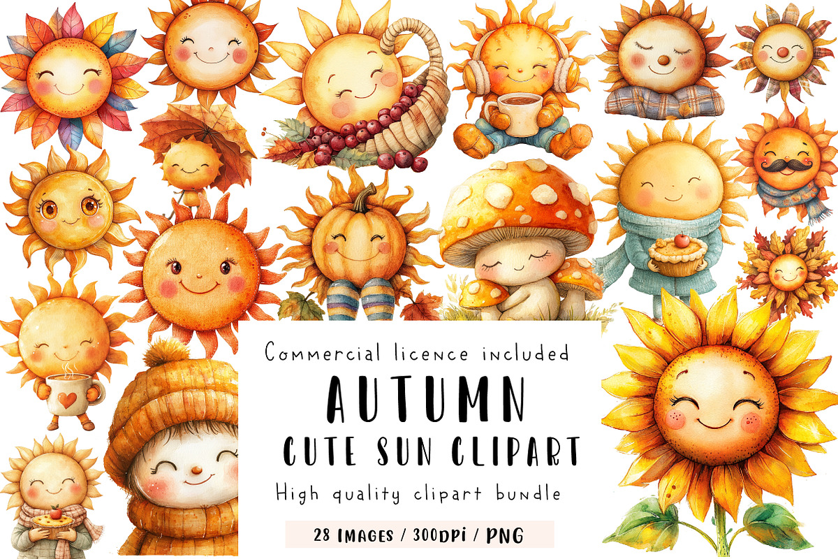 Cute Autumn Sun Clipart, an Illustration by CreationArt (Photo 1 of 9)
