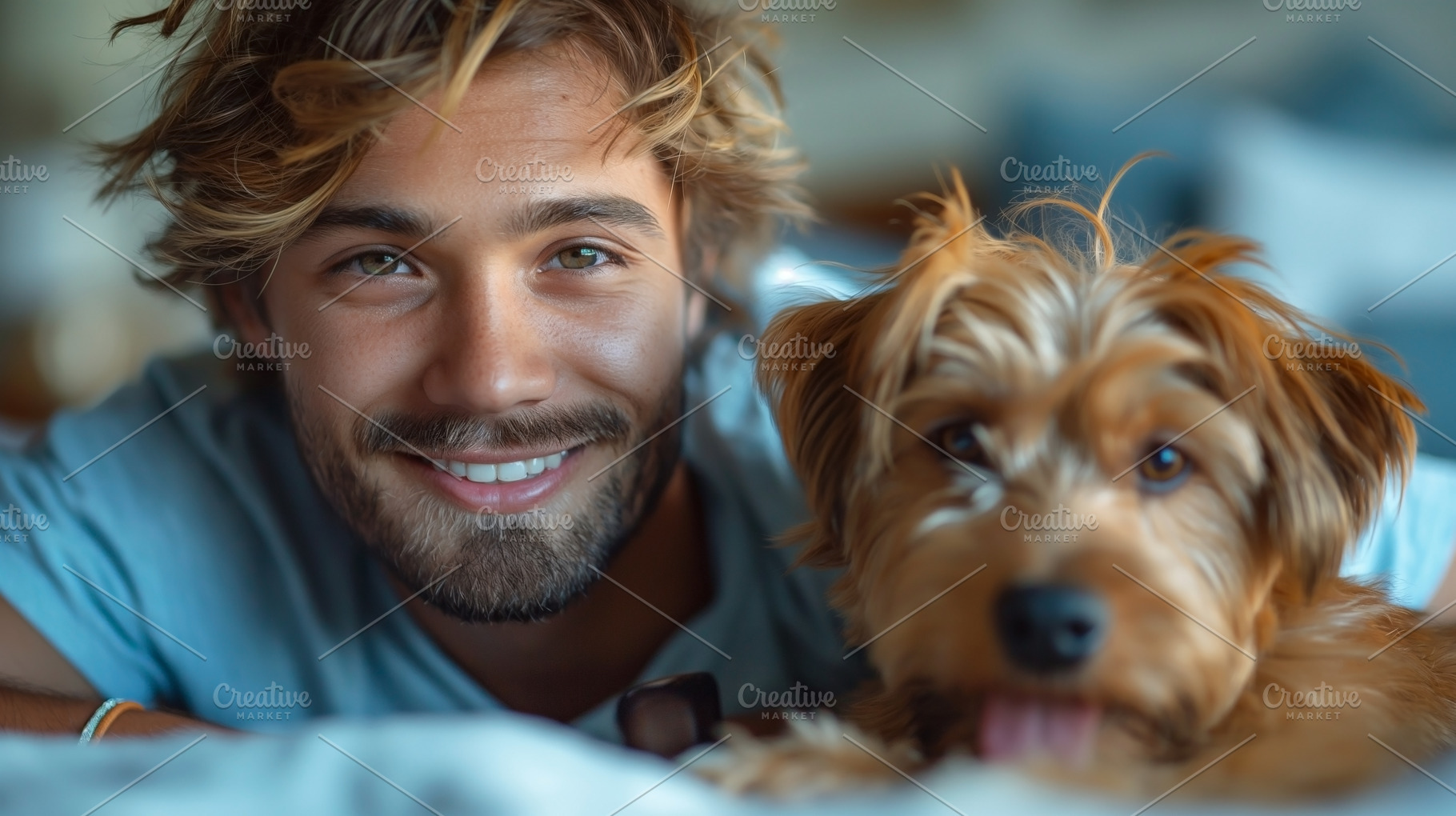 A young Caucasian man smiles warmly beside his playful dog, radiating joy and c, a Person Photo by ImageMir