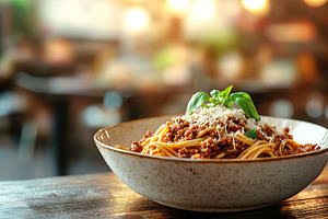 Spaghetti bolognese with ground beef in plate, a Food & Drink Photo by AlyaAnd