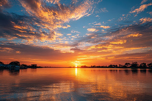 Fiery Sunset Over Calm Water Colorfu, a Photo by Pixeness Studio