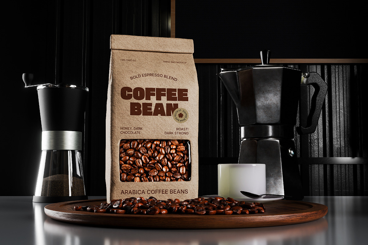 Coffee Bean Paper Bag Mockup, an Advertising Mockup by herutage (Photo 4 of 4)