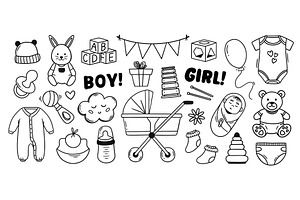 Baby accessories doodle with hand, an Illustration by winwin.art