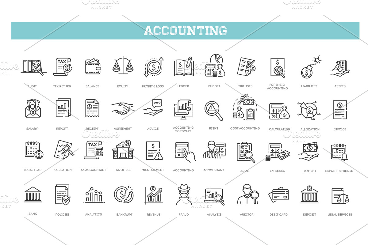 Accounting, audit, taxes icons set, an Outline Icon by Tettygreen