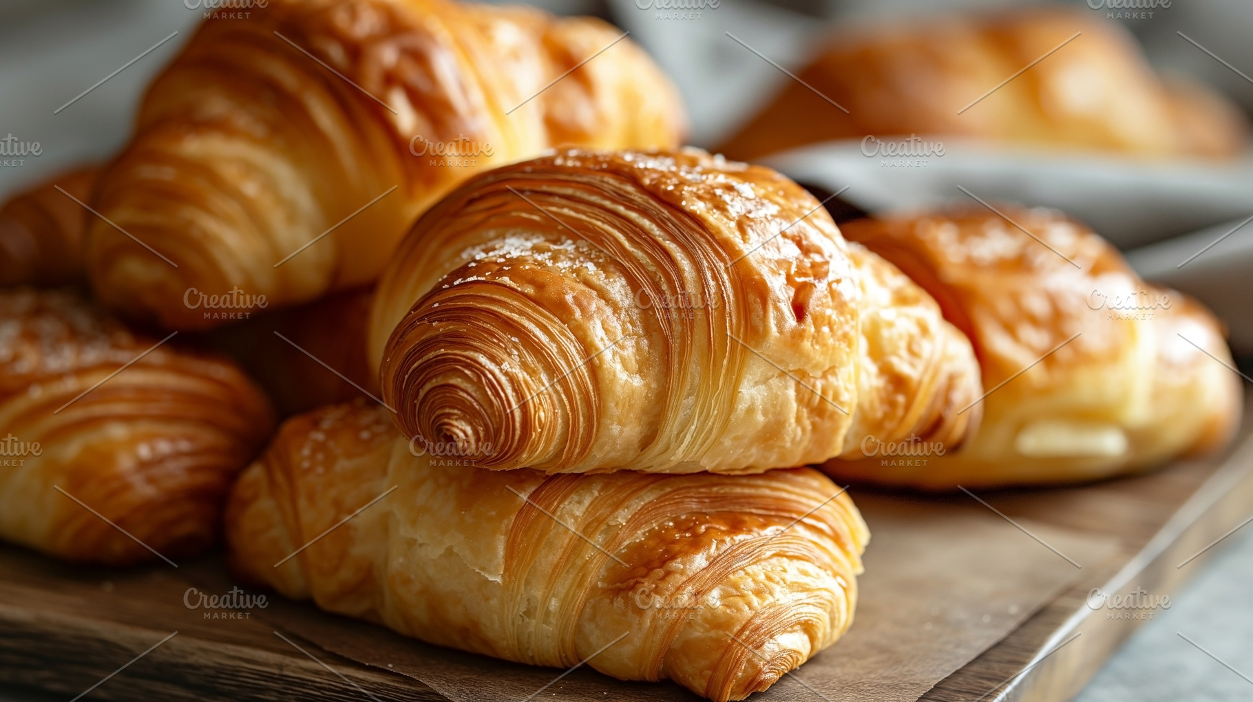 Golden-brown croissants stacked elegantly on a wooden board, sho, a Food & Drink Photo by ImageMir