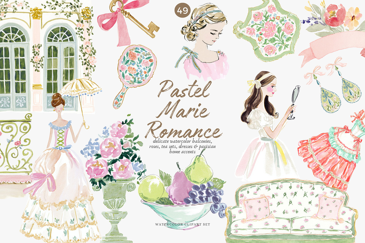 watercolor pastel rococo clipart set, a Decorative Illustration by Patishop Art (Photo 1 of 9)