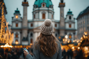Woman admires Christmas market light, a Photo by Pixeness Studio