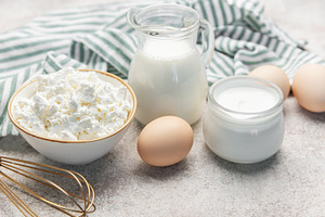 Dairy and egg products for healthy breakfast ingredients, a Food & Drink Photo by Olena Rudo