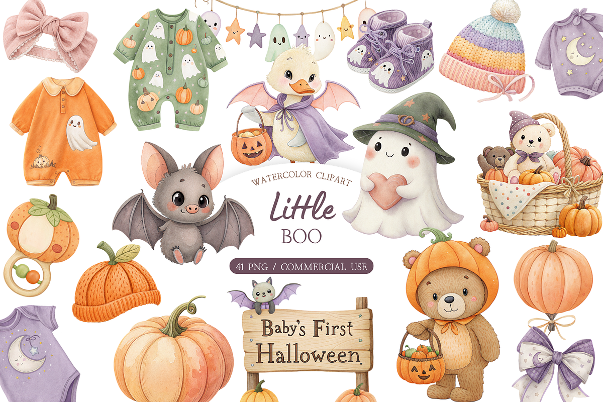 Watercolor Little Boo Clipart, a Decorative Illustration by MockupWizard (Photo 1 of 5)