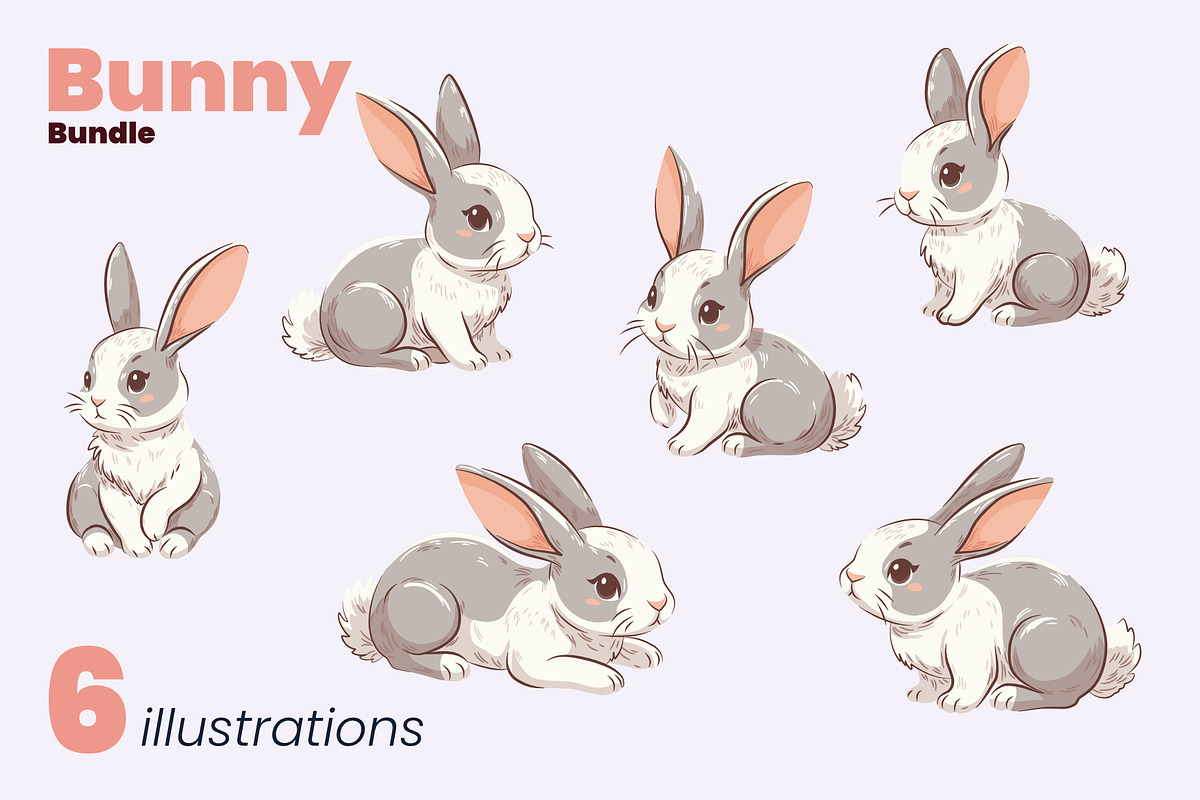 Bunny Bundle in 4 Color Variations, an Animal Illustration by moja doodle (Photo 3 of 5)
