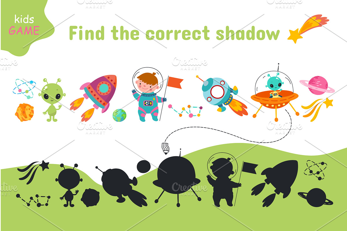 Find correct shadow. Space elements, an Education Illustration by Valerie Bodnar