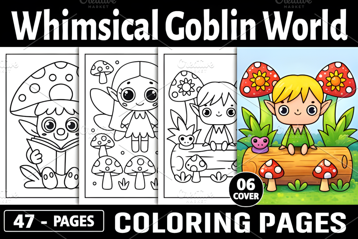 Whimsical Goblin World Coloring Page, a Decorative Illustration by Design Station (Photo 1 of 8)