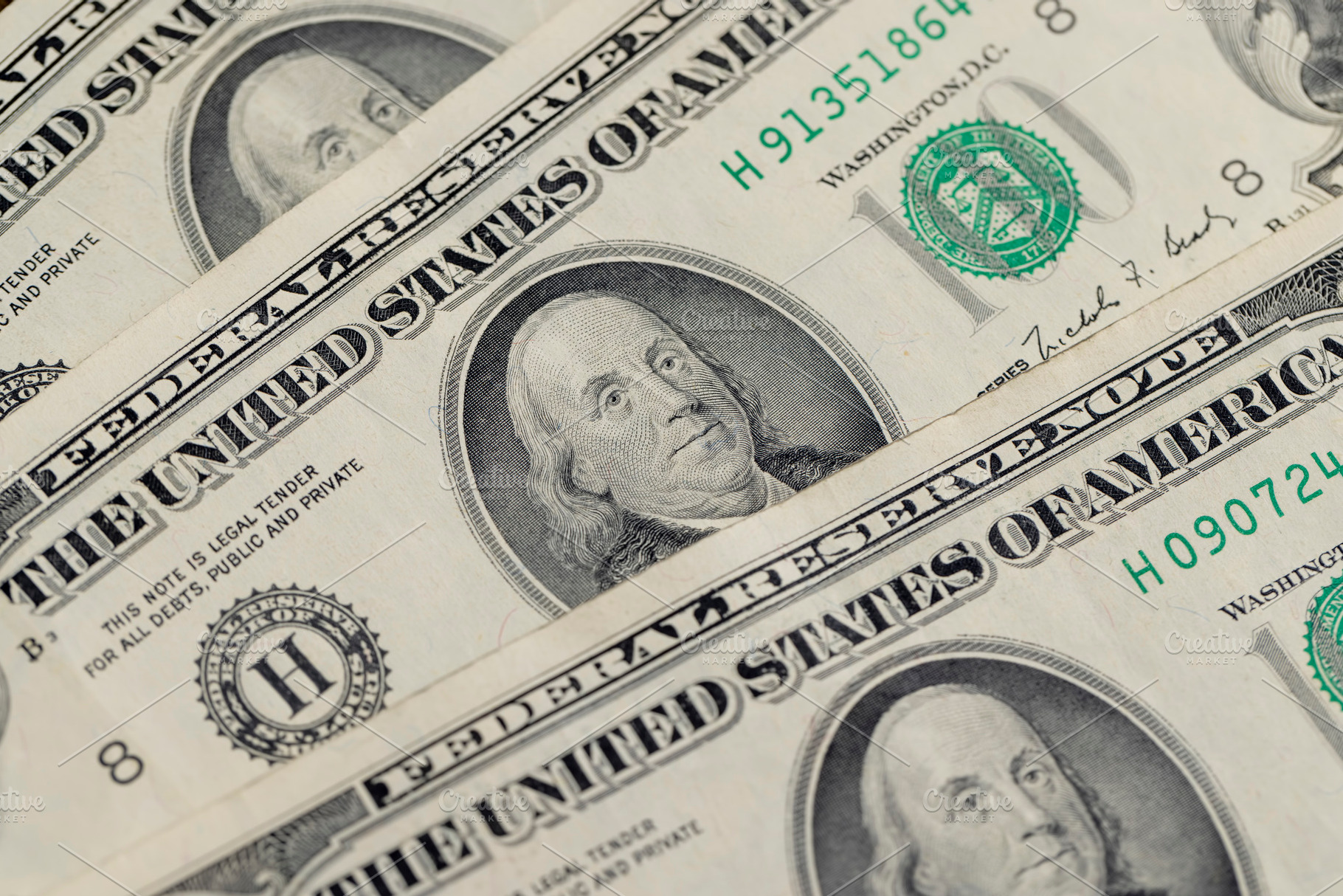 series dollars from 1990 that are legal tender, money with a face value of one, a Photo by MyPhotos