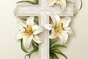 A beautifully carved white cross adorned with elegant white lilies, symbolizing, a Background Photo by ImageMir