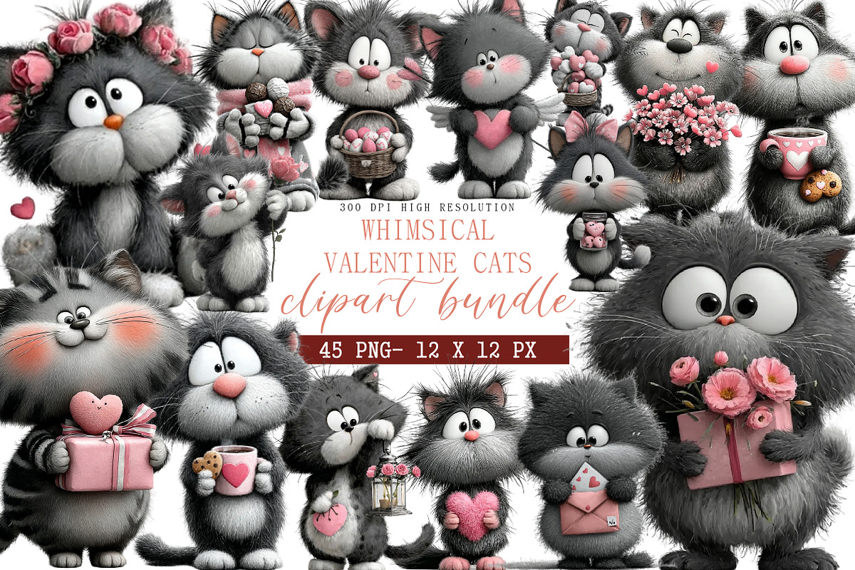 Whimsical Valentine Cats Clipart, an Illustration by DreamArtGraphic (Photo 1 of 4)
