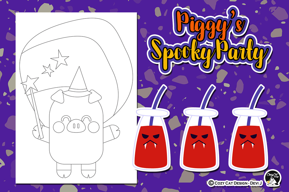 Piggy Spooky Party Coloring Pages, an Education Illustration by Cozy Cat Design (Photo 3 of 7)