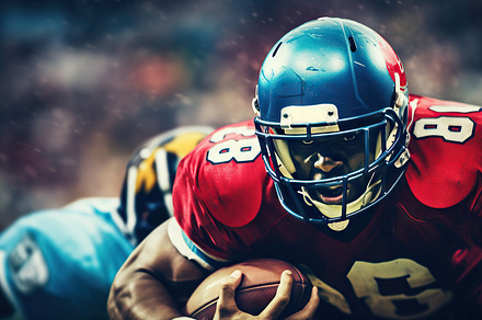 American football player with ball on the field. Generative AI., a Sports & Recreation Photo by AS photostudio