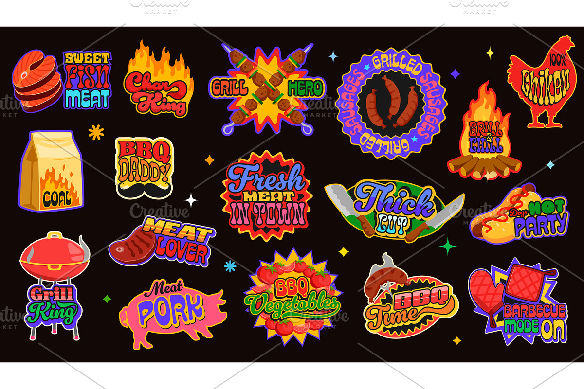 Vintage y2k bbq meat stickers, a Food Illustration by Vector Tradition