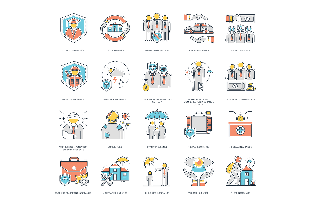 100 Insurance Color Line Icons, an Icon by Flat Icons