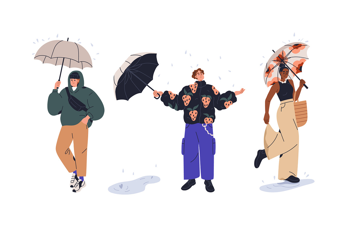 People with umbrellas in rain set, a Person Illustration by Good Studio (Photo 2 of 6)