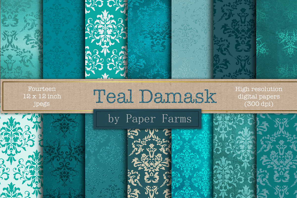 Teal damask digital paper, a Pattern Graphic by Paper Farms
