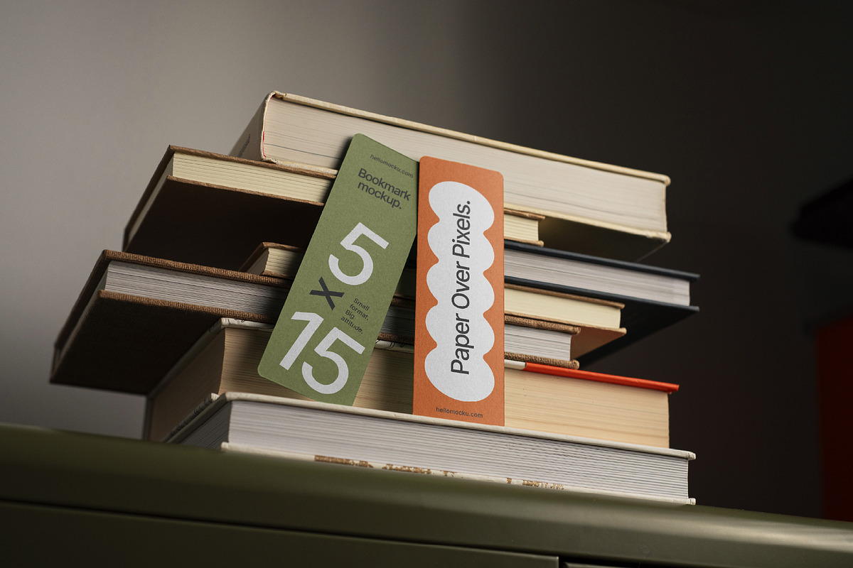 Bookmarks on Stacked Books Mockup, a Books & Magazine Mockup by Mocku (Photo 1 of 2)