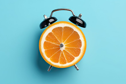 Fresh Orange Slice in Alarm Clock on Blue Background: Concept of Waking Up to F, a Photo by AS photostudio