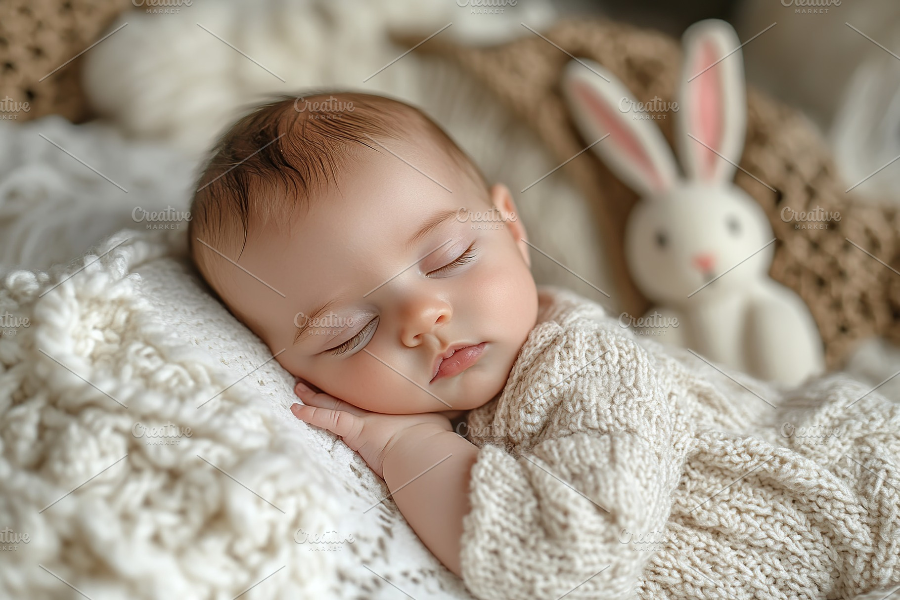 Little child boy sleeps in a crib with rabbit toy, a Person Photo by AlyaAnd