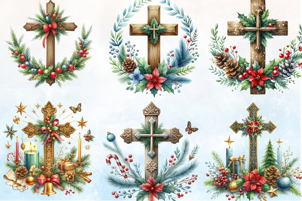 Christmas Cross Watercolor Clipart, a Seasonal Illustration by Rose Art (Photo 2 of 4)