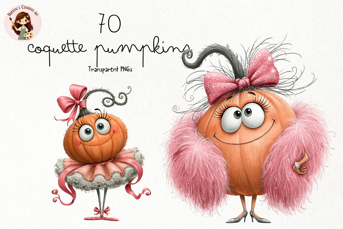 Quirky Coquette Pumpkins PNG Clipart, a Seasonal Illustration by Nicolle's Colorful Art (Photo 1 of 6)