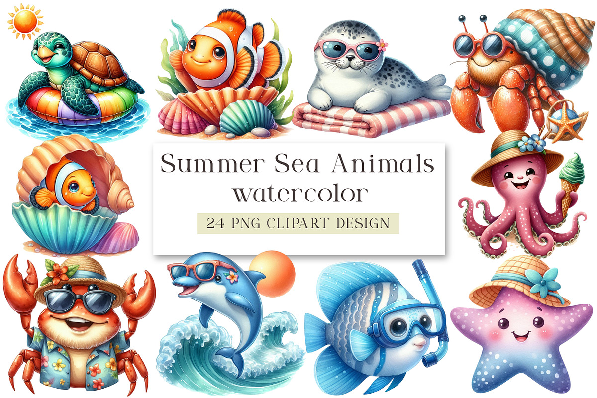 Summer Sea Animals Clipart, a Seasonal Illustration by DreamArtGraphic (Photo 1 of 4)