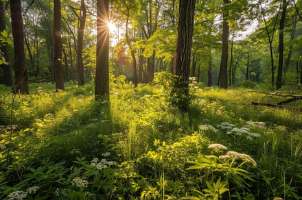 Sunlight streams through the tall tr, a Photo by Tanuart