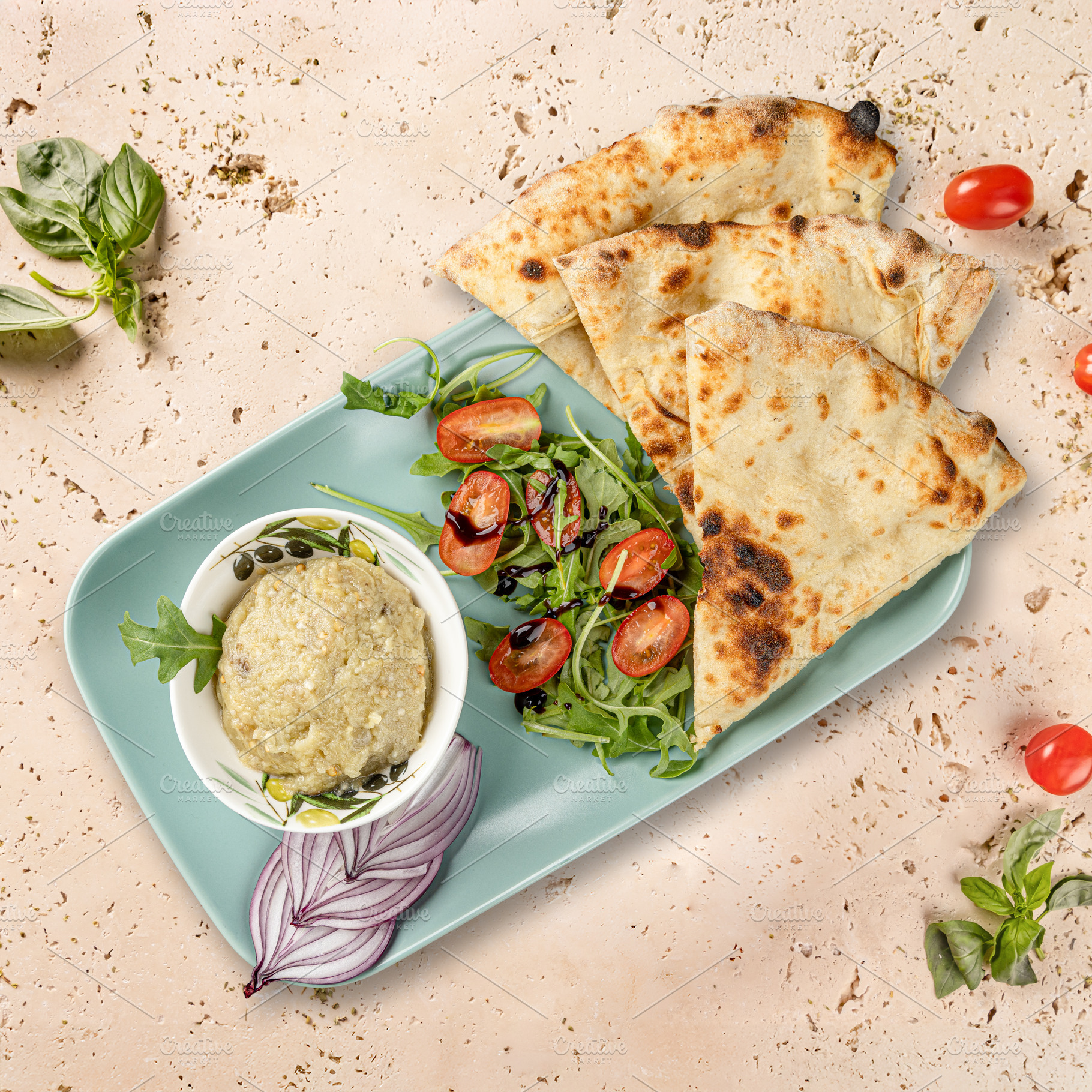 Baba ghanoush, pita bread, a Photo by Grafvision photography